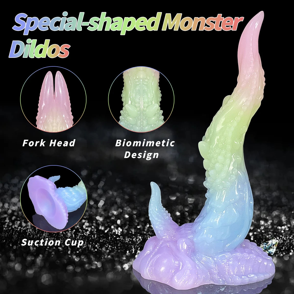 Big Monster alien Luminous Double Headed Tongue Dildo with Suction up Silicone Dragon Dildo Glow in the Dark Dinosaur Anal Plug