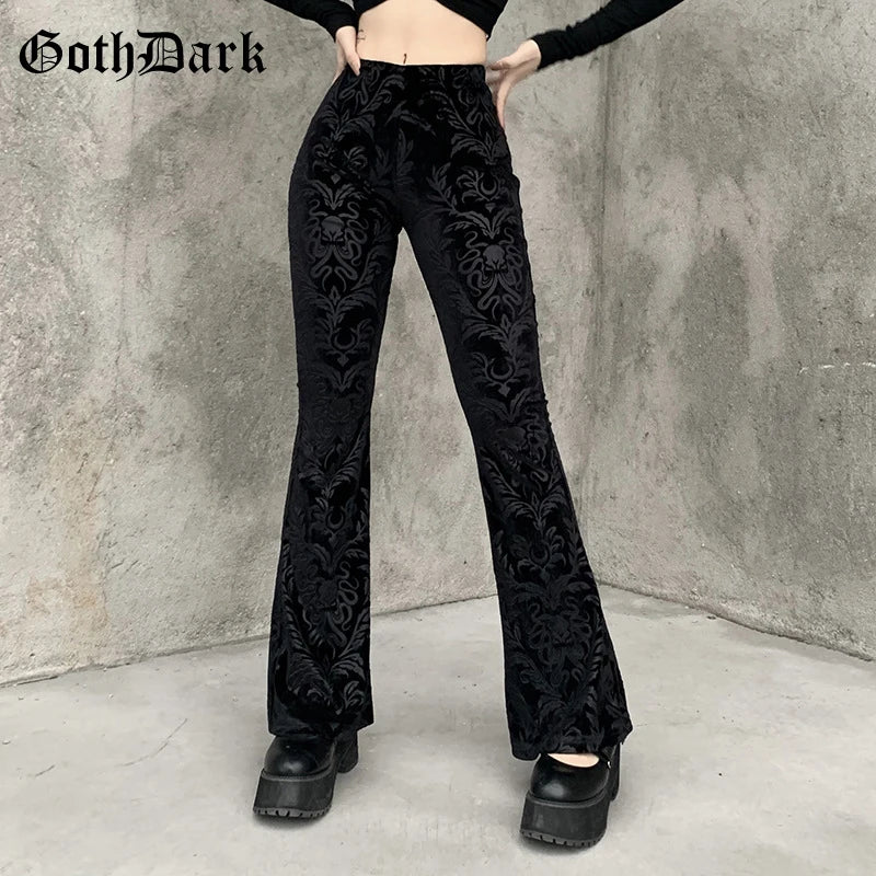 Goth Dark Vintage Floral Scratched Mall Gothic Pants Velvet High Waist Skinny Flare Trousers for Women Streetwear Cyber Y2K Pant