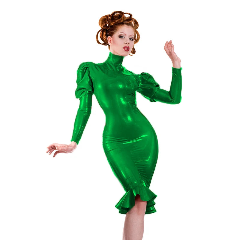 Women Glossy PVC Fetish Fashion Party Dress Sexy Long Puff Sleeve Leather Midi Dresses Plus Size Pole Dancing Club Costume