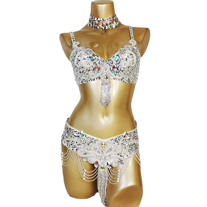 New Arrival Women's Beaded Belly Dance Costumes Wear Bra Belt 2pc Sets Ladies Bellydancing Costumes Carnival Bellydance Clothes
