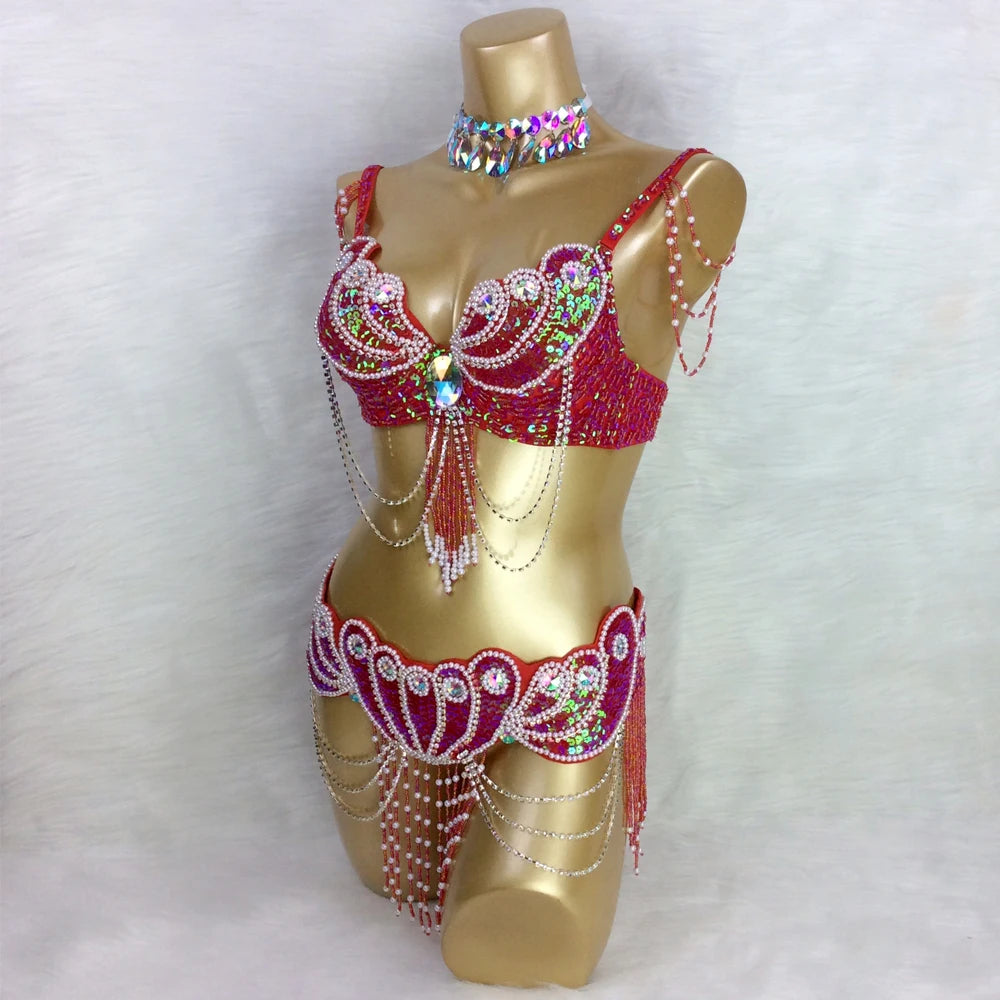 Beaded Showgirl Dance Costume Wear Bra+Belt Set Carnival Costumes