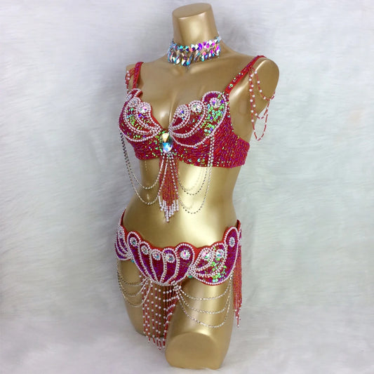 Beaded Showgirl Dance Costume Wear Bra+Belt Set Carnival Costumes