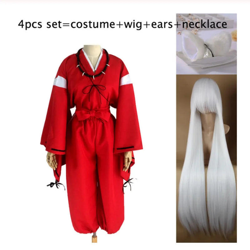 Anime Inuyasha Cosplay Costume Red Japanese Kimono Man Robe Costume Clothing With Wigs Ears And Necklace For Halloween Party
