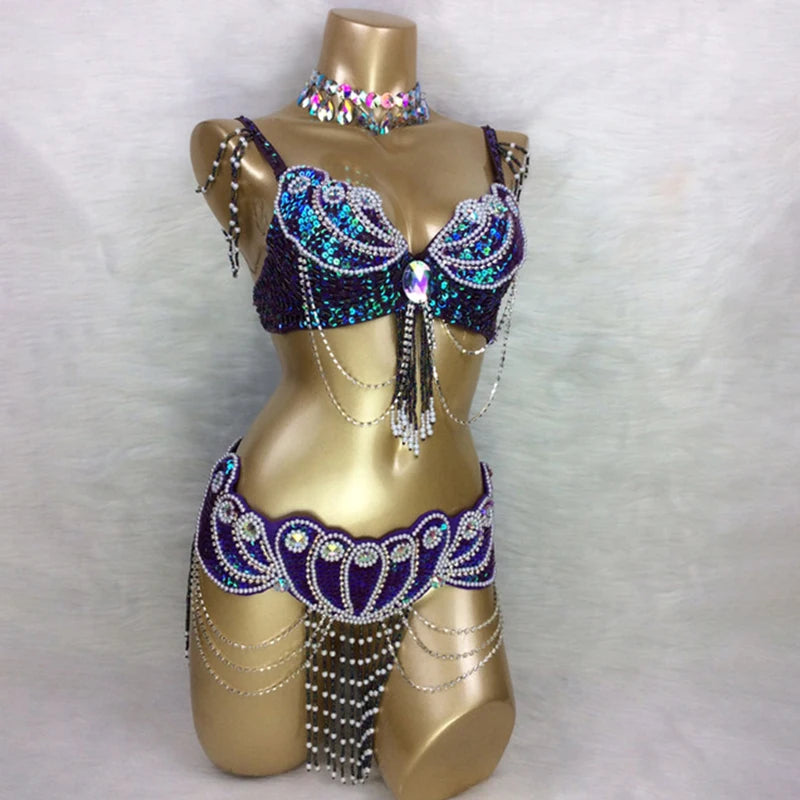 Beaded Showgirl Dance Costume Wear Bra+Belt Set Carnival Costumes
