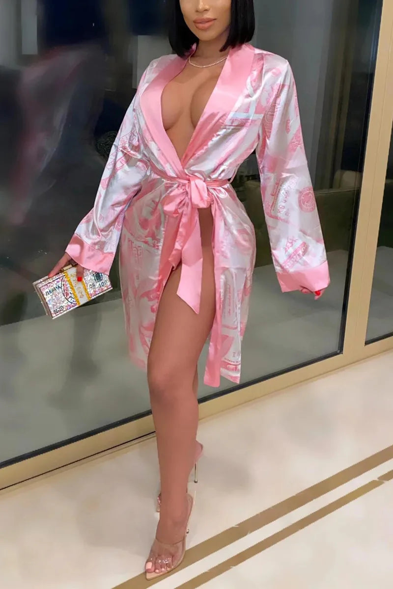 New Fashion Women Ladies Satin Silk Robes Trendy Dollar Print Long Sleeve Silky Kimono Bathrobe Sleepwear with Belt