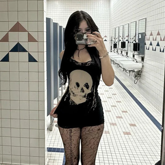 Y2K Women Streetwear Harajuku Skull Printed Sleeveless High Waist Bodycon Dress New Retro Punk Gothic Dress Grunge Outfits