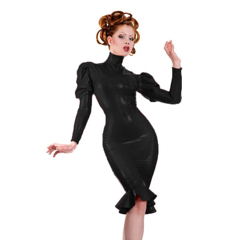 Women Glossy PVC Fetish Fashion Party Dress Sexy Long Puff Sleeve Leather Midi Dresses Plus Size Pole Dancing Club Costume