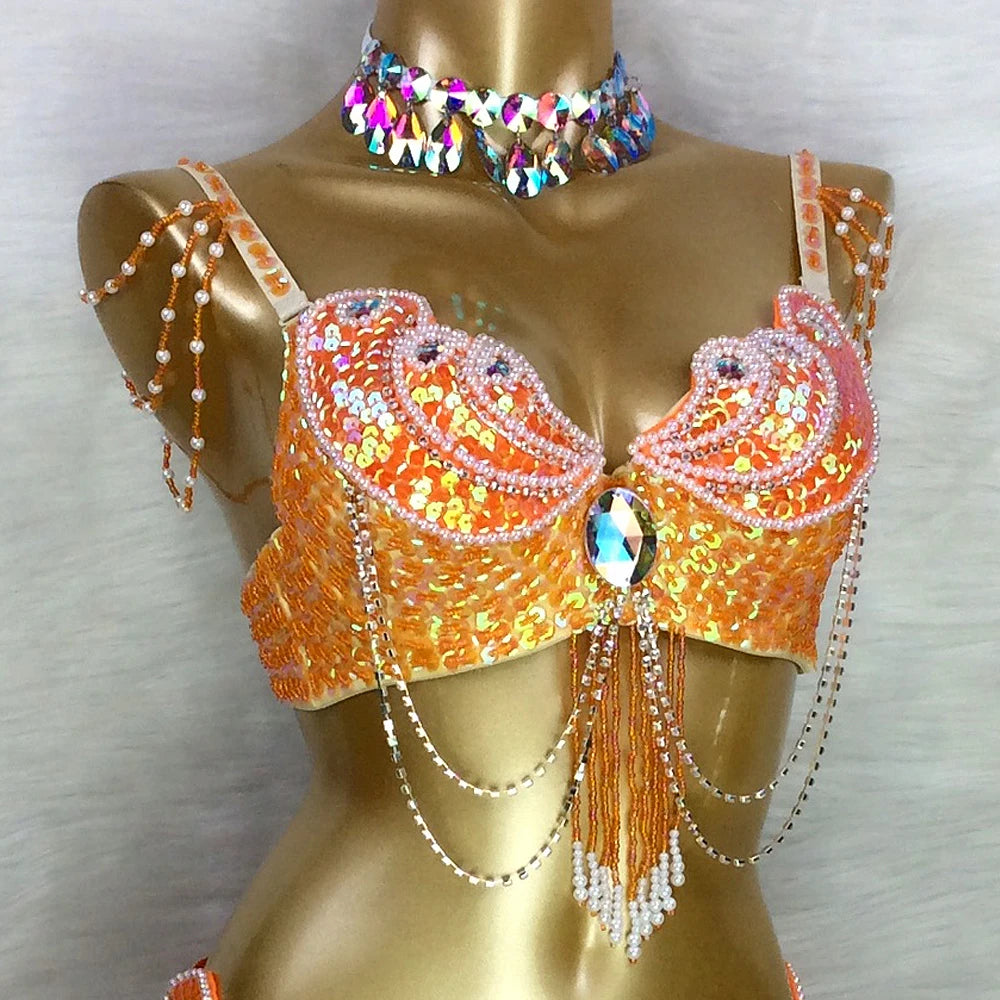 New Arrival Women's Beaded Belly Dance Costume Wear Bra+Belt Set Sexy Ladies Bellydancing Carnival Costumes Bellydance Clothes