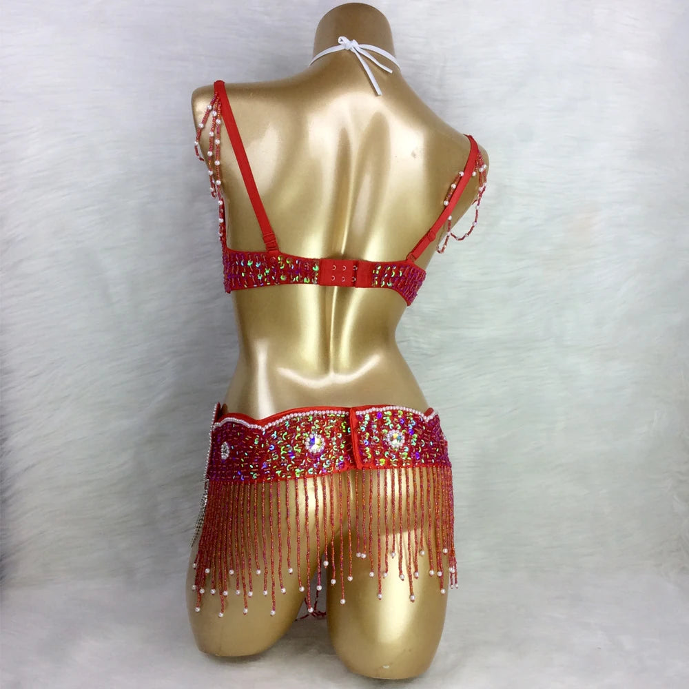 Beaded Showgirl Dance Costume Wear Bra+Belt Set Carnival Costumes