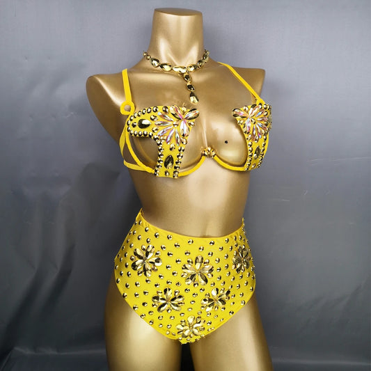 New Shining Fashion Belly Dance Costume Women Sexy Samba Carnival Set Golden Wire Bra&Pants Samba Suit Performance Wear