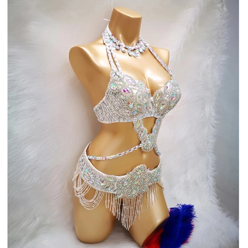 Hot Sale Women's Beaded Crystal Belly Dance Costume Wear Bra+Belt Set Sexy Bellydancing Suit Bellydance Clothes