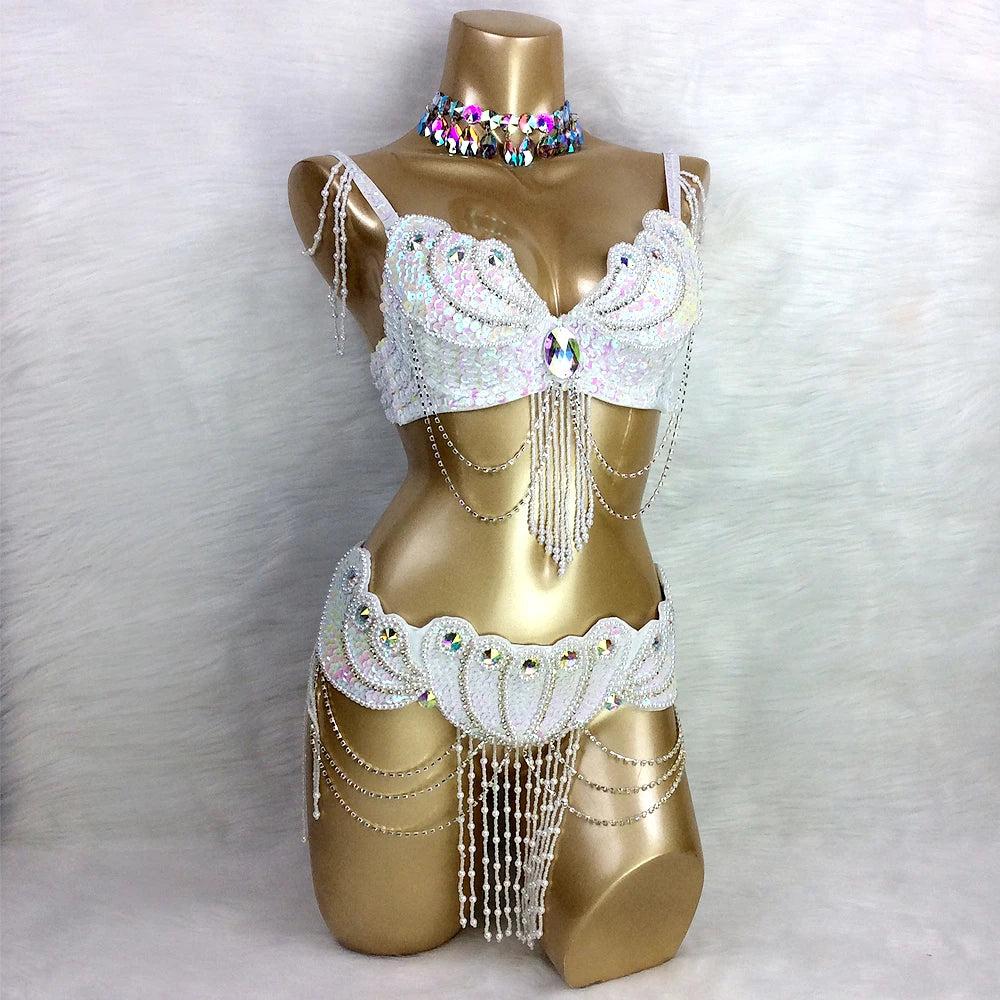 Beaded Showgirl Dance Costume Wear Bra+Belt Set Carnival Costumes