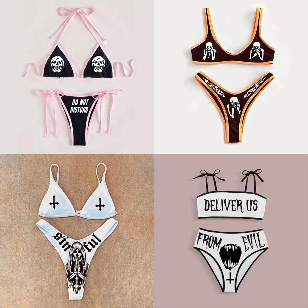 Punk Gothic Letters Print Bikinis Set Sexy Bikini