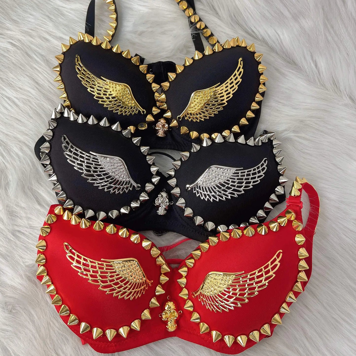 Exotic Lingerie Black Gold Studded Rivet & Wings Underwear Bra Adult Women Club Wear Top Bra