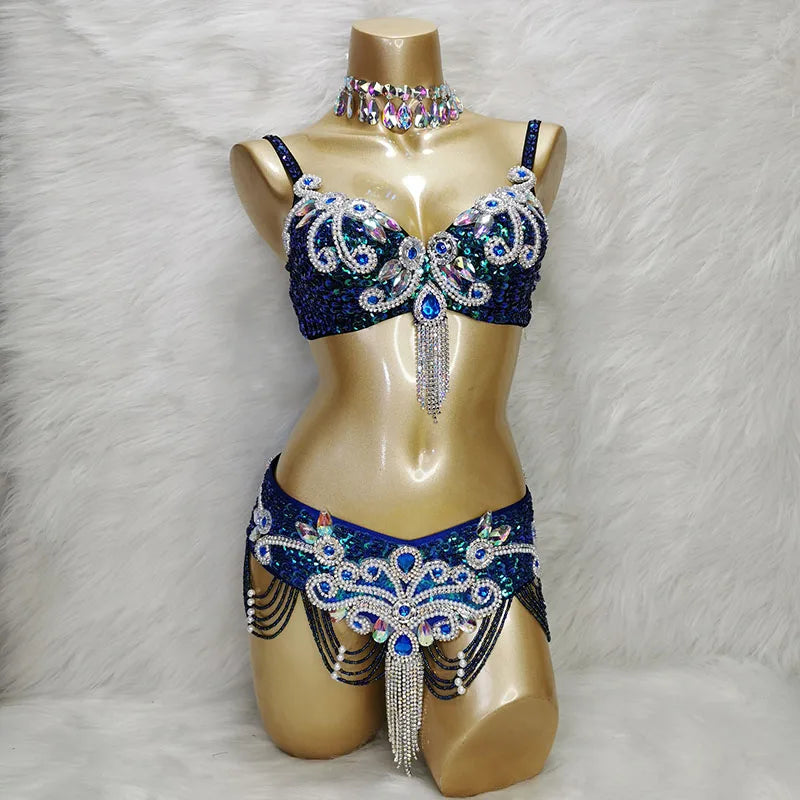 New Arrival Women's Beaded Belly Dance Costumes Wear Bra Belt 2pc Sets Ladies Bellydancing Costumes Carnival Bellydance Clothes
