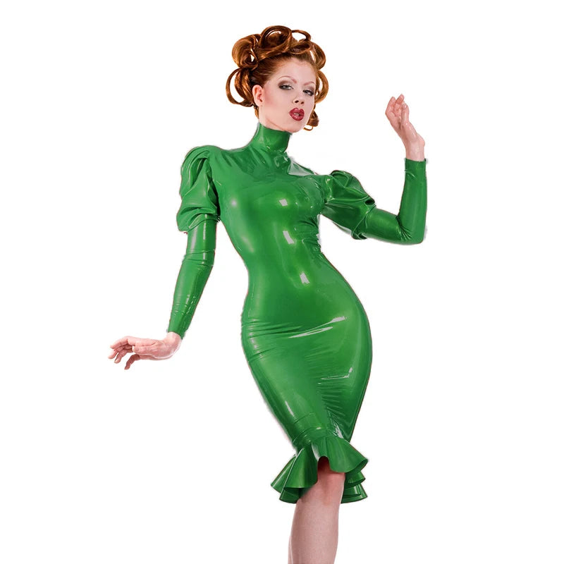 Women Glossy PVC Fetish Fashion Party Dress Sexy Long Puff Sleeve Leather Midi Dresses Plus Size Pole Dancing Club Costume