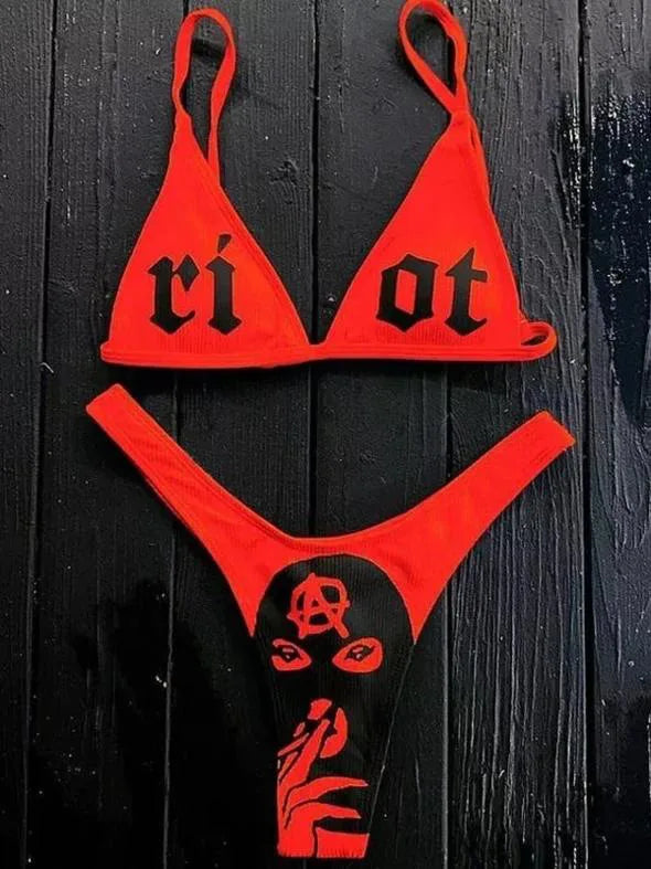 Punk Gothic Letters Print Bikinis Set Sexy Bikini
