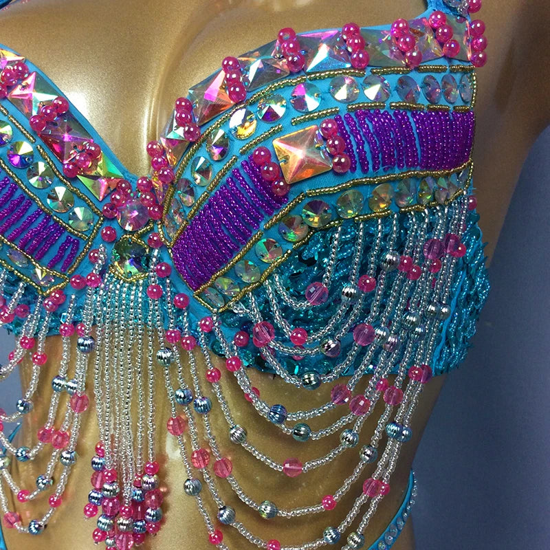 Wired hand beaded Bra +Belt 2pcs