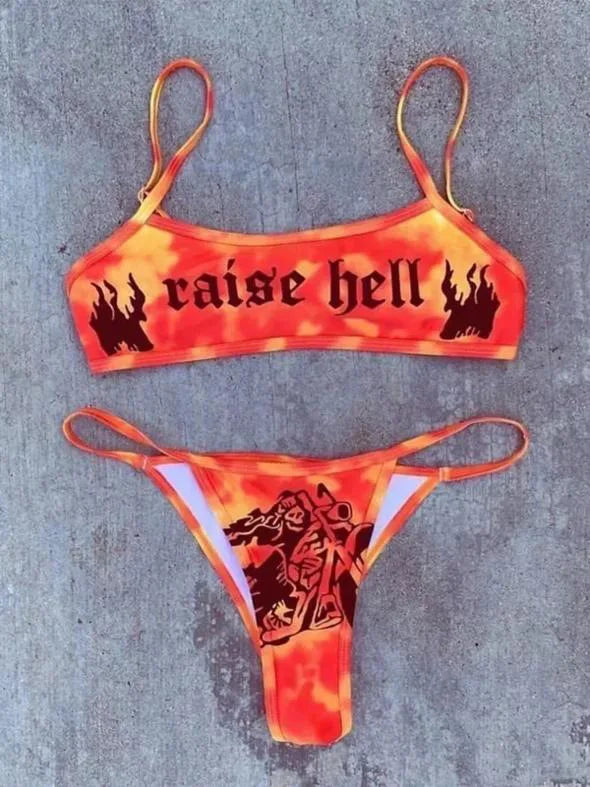 Punk Gothic Letters Print Bikinis Set Sexy Bikini