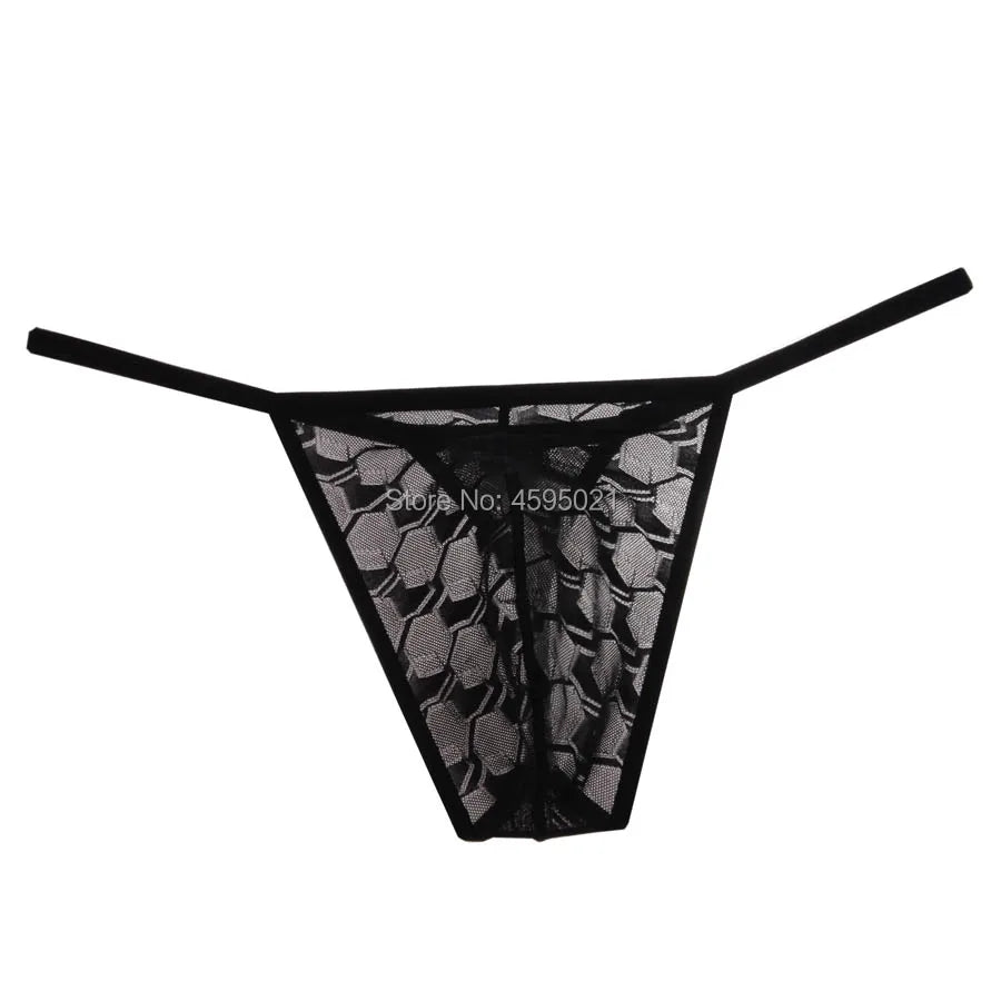 Men's Sheer Lace Bikini Briefs See-through Thong String Underwear Male G-string Micro Tangas Bulge Pouch Posing Low Rise Beach
