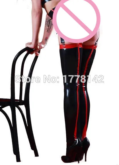 Latex Stockings Black & Red Sexy Fetish Rubber Thigh High Stockings
