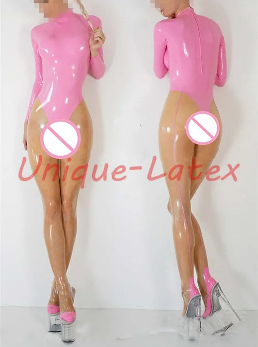 Transparent & Pink Rubber Unitard Cosplay Women Latex Bodysuit customized