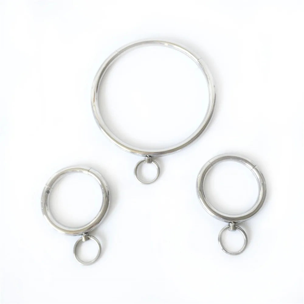 3 Piece Sets Stainless Steel Bondage Handcuffs Wrist Cuffs Fetters Ankle Cuffs Neck Ring Collar BDSM Sex Toy For Male Female