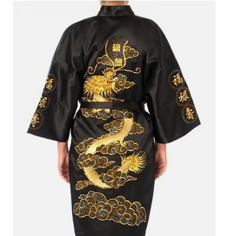 Navy Blue Chinese Men's Satin Silk Robe Embroidery Kimono Bath Gown Dragon Size S M L XL XXL XXXL S0008