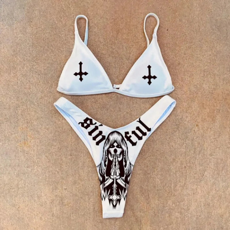 Punk Gothic Letters Print Bikinis Set Sexy Bikini