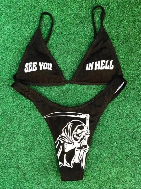 Punk Gothic Letters Print Bikinis Set Sexy Bikini