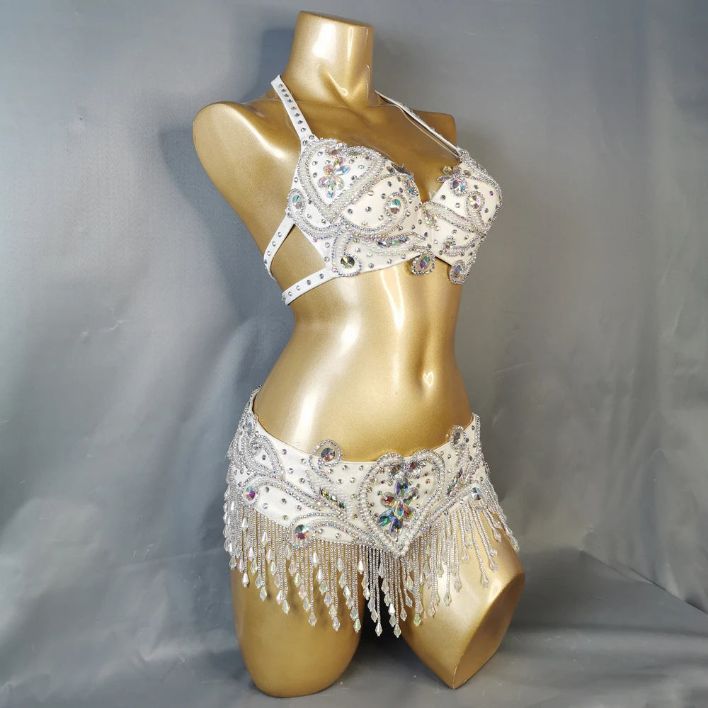 Beaded Crystal wired Bra + Belt 2pc Set Clothes