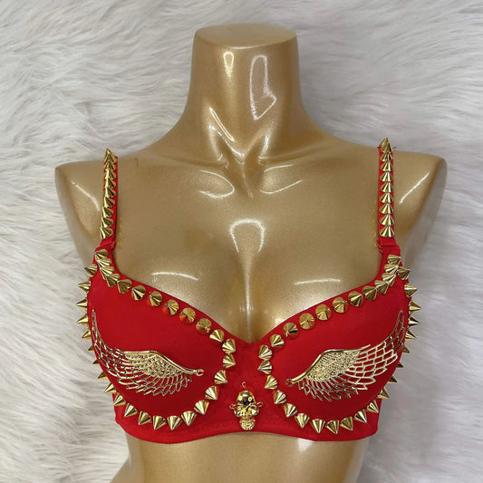 Exotic Lingerie Black Gold Studded Rivet & Wings Underwear Bra Adult Women Club Wear Top Bra