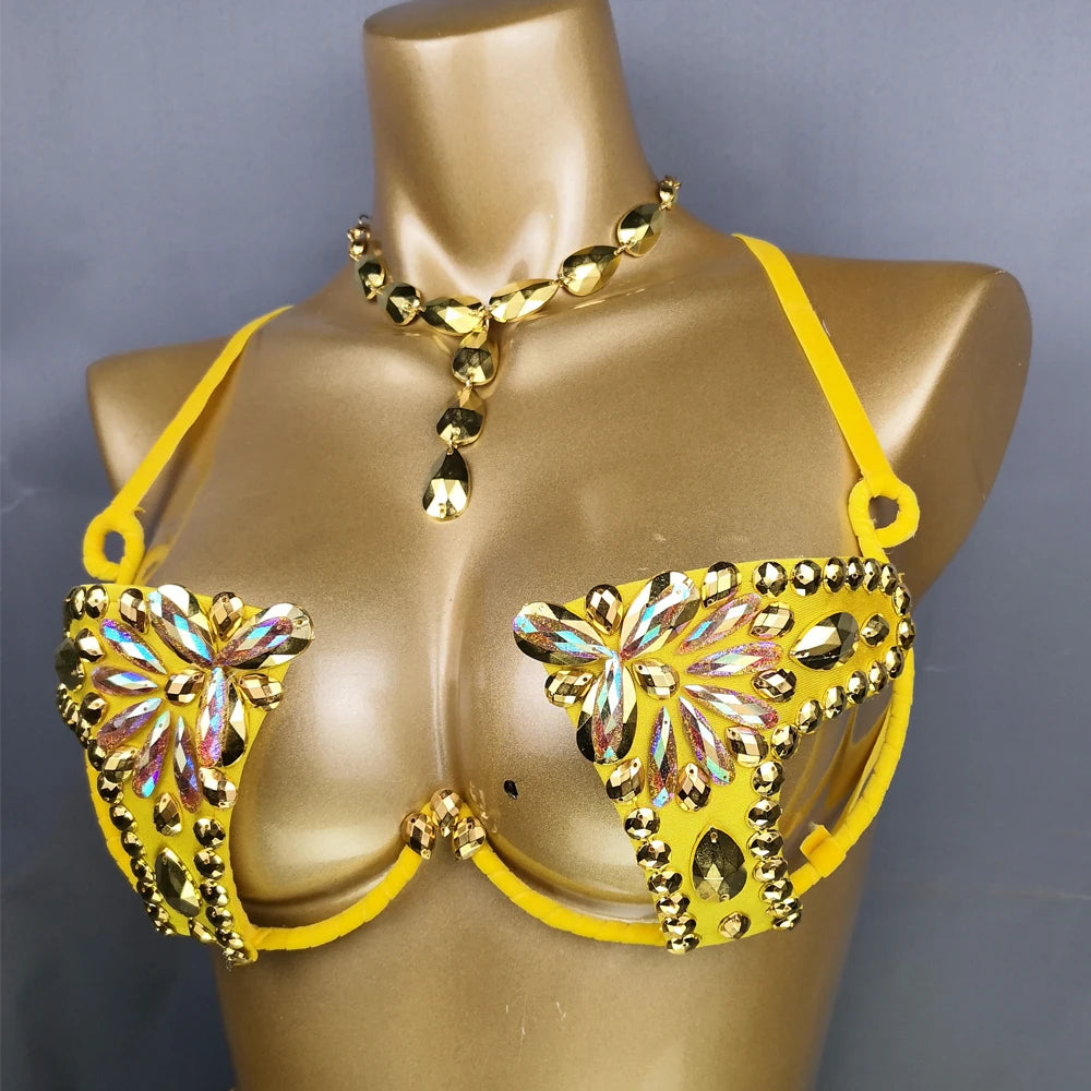 New Shining Fashion Belly Dance Costume Women Sexy Samba Carnival Set Golden Wire Bra&Pants Samba Suit Performance Wear