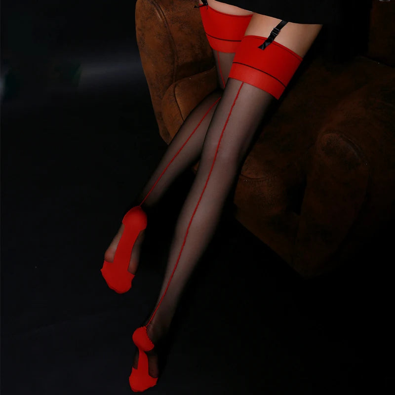 Contrast Color Thigh High Stockings Retro Back Line Seam Slim Medias 10D Ultra Thin Transparent Pantyhose Women Sexy Lingerie