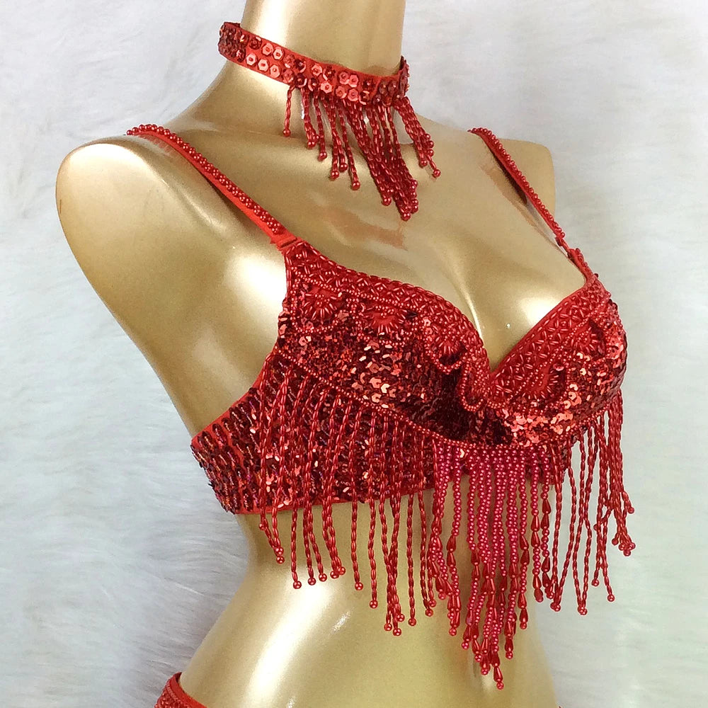 Hot Sale Women Belly Dance Costume 3pcs/set Bra Belt Necklace 4 Colors Ladies Sexy Professional Dance Costumes