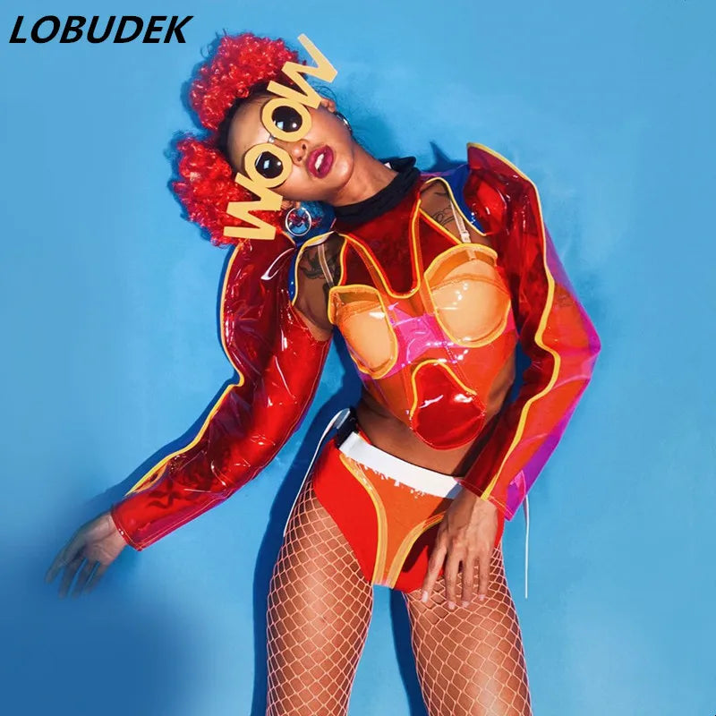 Nightclub Bar Female Singer DJ Gogo Dance Costumes Red Transparent Bodysuit Future Technology Sexy Stage Performance Clothes