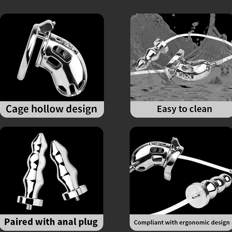 Detachable Anal Plug Strap on Male Chastity Cage with Silicone Urethra Catheter 4 Size Ring Adult Toys for Role-Play Games
