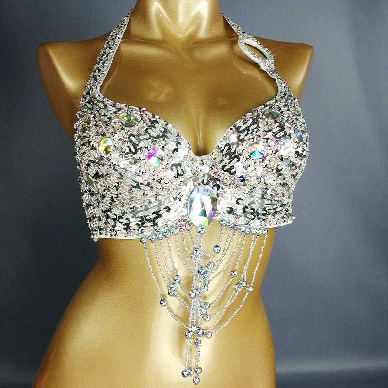 New Women Lady Belly Dance Costume Bra Beaded Sequin Bra Sexy Belly Dancing Clothes Night Club Belly Dance TOPS Bra
