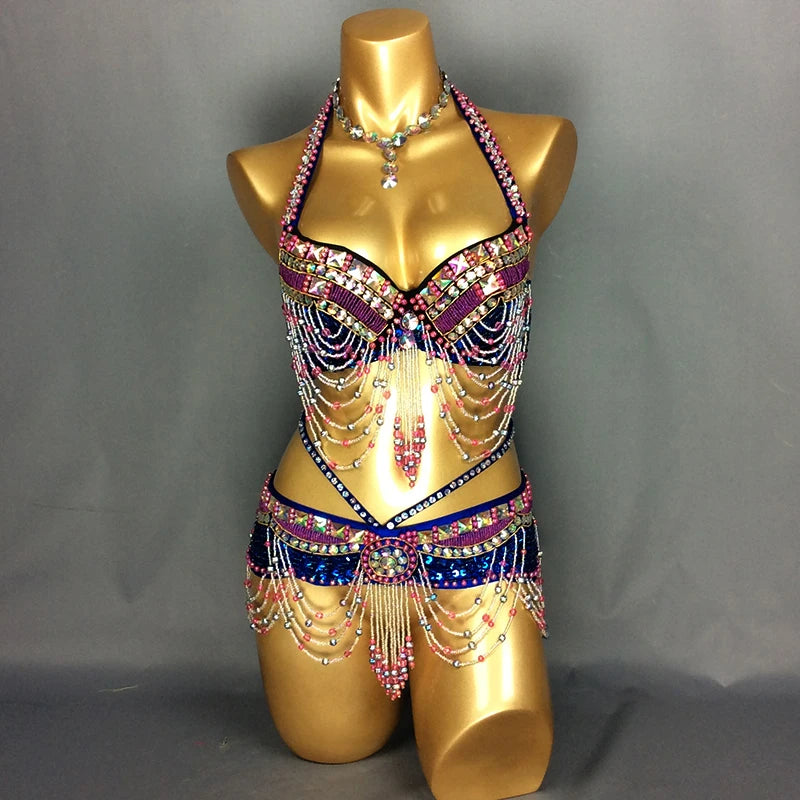 New Women's Beaded Belly Dance Costume Halloween Wear Bar+Belt 2pcs Set Christmas Party Dancing Wear Rave Outfit