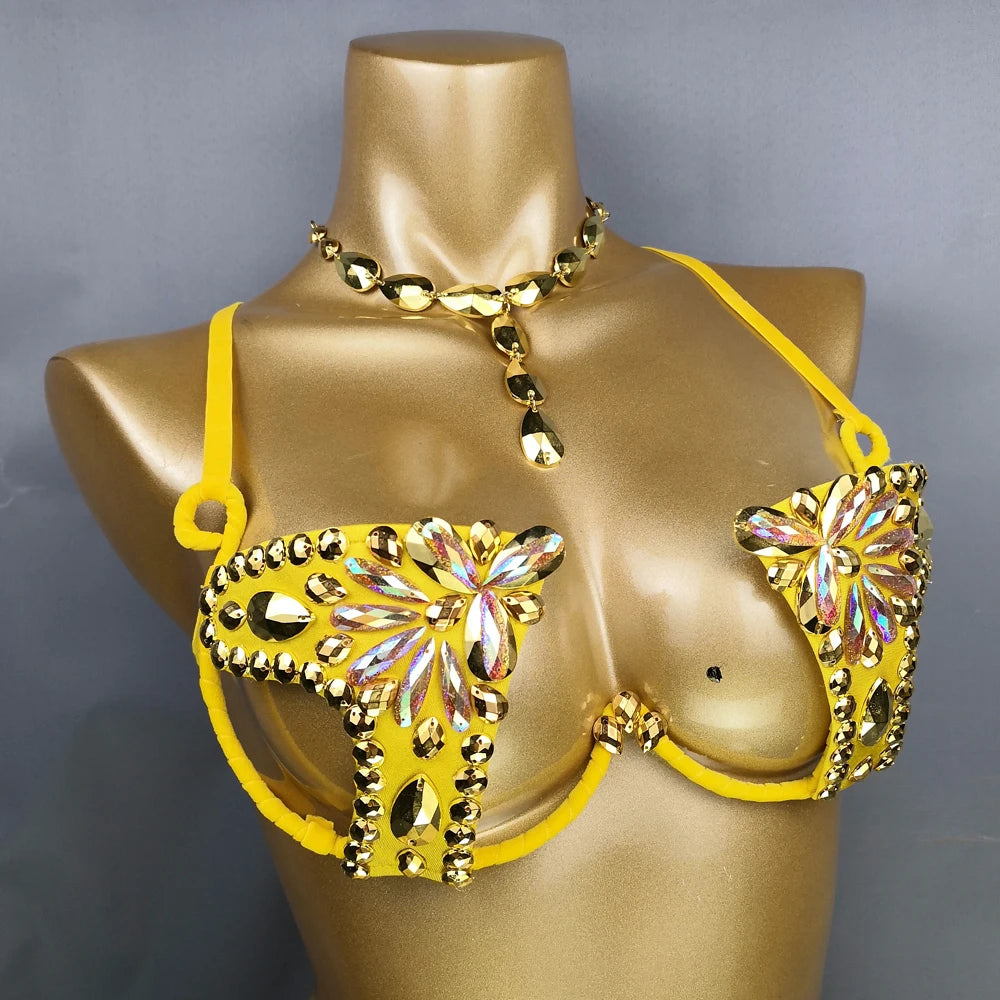 New Shining Fashion Belly Dance Costume Women Sexy Samba Carnival Set Golden Wire Bra&Pants Samba Suit Performance Wear