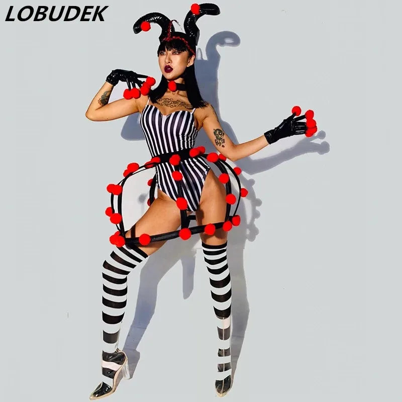 Circus Clown Party Show Dance Costume Black White Striped Bodysuit Ox horn Headdress Stage Outfit DJ Singer Nightclub Clothes