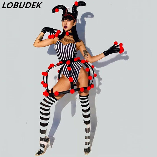 Circus Clown Party Show Dance Costume Black White Striped Bodysuit Ox horn Headdress Stage Outfit DJ Singer Nightclub Clothes
