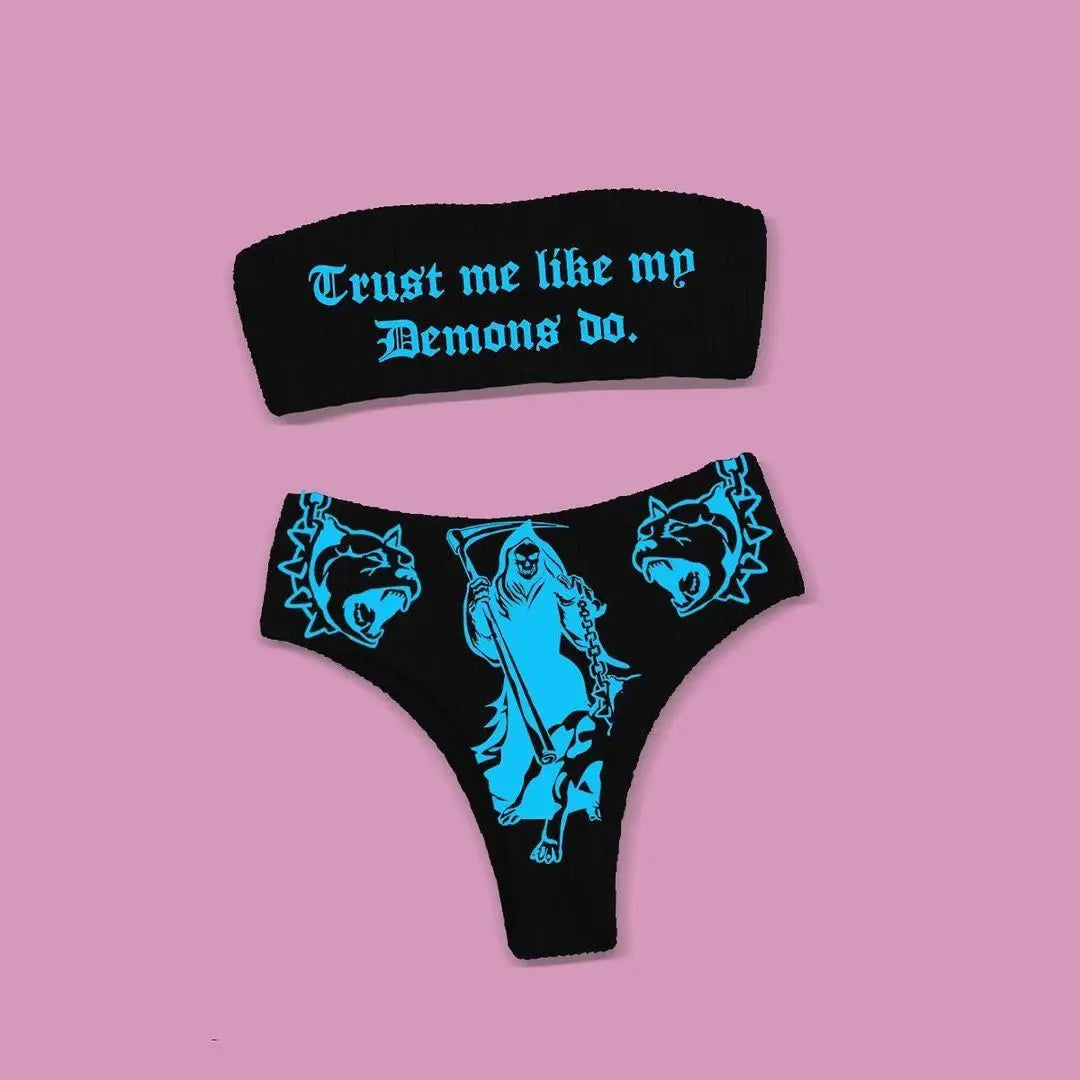 Punk Gothic Letters Print Bikinis Set Sexy Bikini
