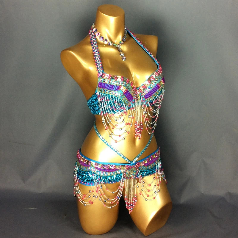 Wired hand beaded Bra +Belt 2pcs