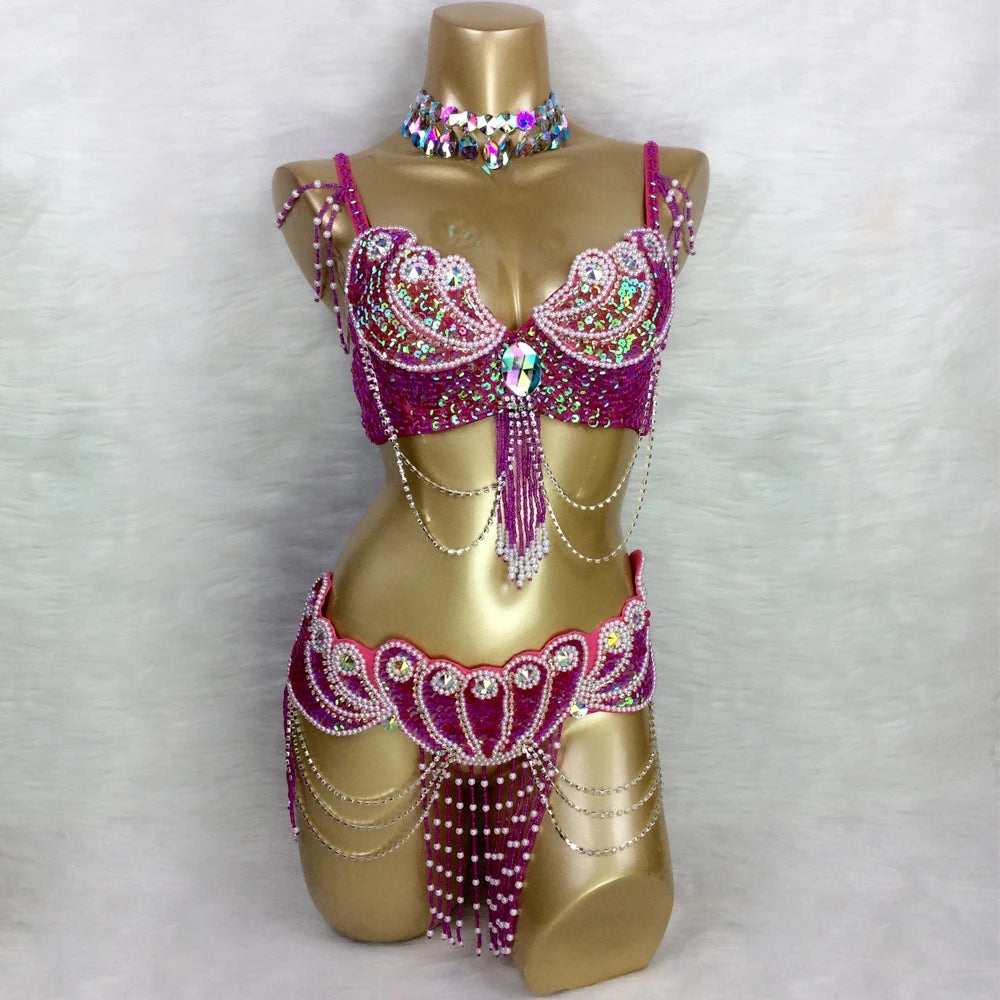 New Arrival Women's Beaded Belly Dance Costume Wear Bra+Belt Set Sexy Ladies Bellydancing Carnival Costumes Bellydance Clothes