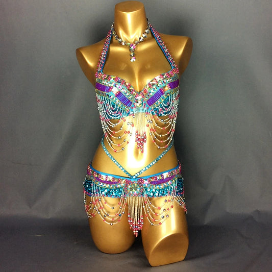 Wired hand beaded Bra +Belt 2pcs