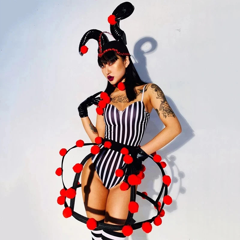 Circus Clown Party Show Dance Costume Black White Striped Bodysuit Ox horn Headdress Stage Outfit DJ Singer Nightclub Clothes