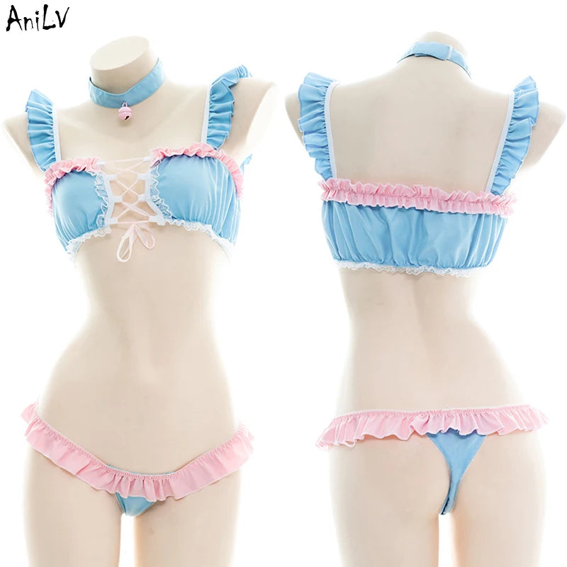 AniLV Anime Lolita Girl Maid Series Pajamas Swimsuit Costume Women Cartoon Cute Kawaii Student Pink Blue Lingerie Set Cosplay