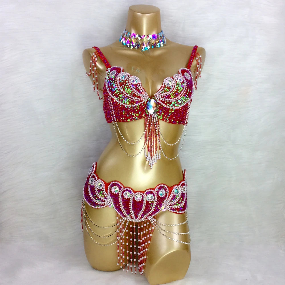 New Arrival Women's Beaded Belly Dance Costume Wear Bra+Belt Set Sexy Ladies Bellydancing Carnival Costumes Bellydance Clothes