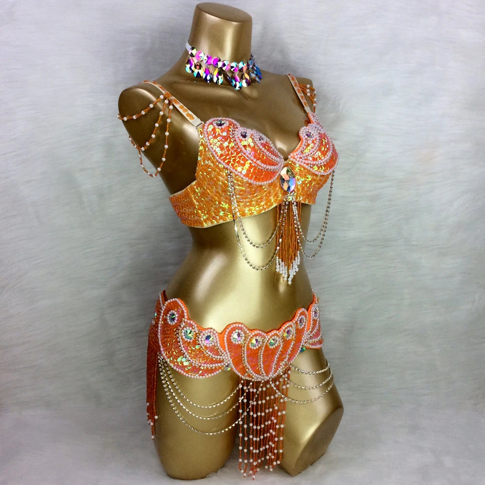 New Arrival Women's Beaded Belly Dance Costume Wear Bra+Belt Set Sexy Ladies Bellydancing Carnival Costumes Bellydance Clothes